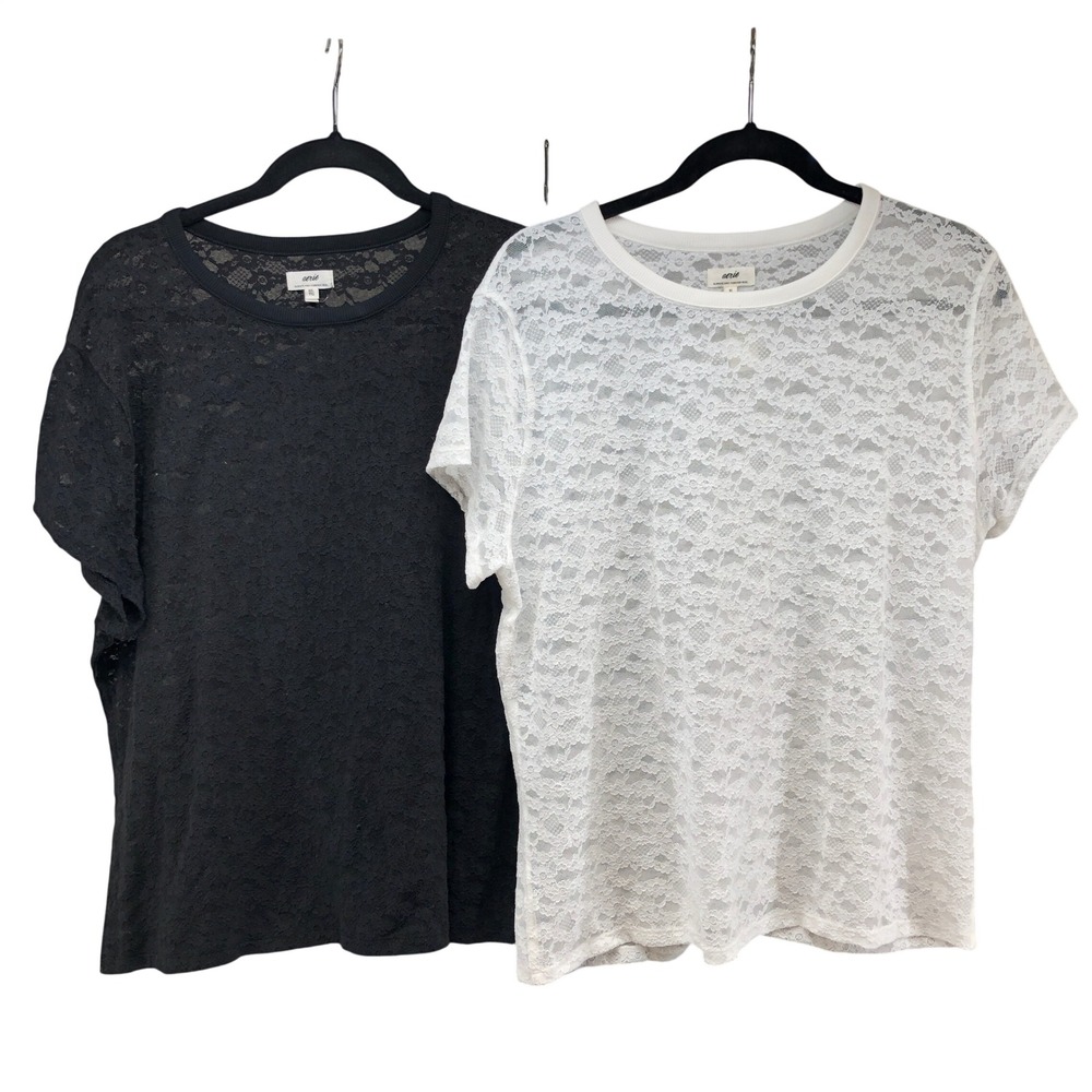 Aerie Lace Tops Womens XL XXL Bundle Black White Floral Sheer Short Sleeve